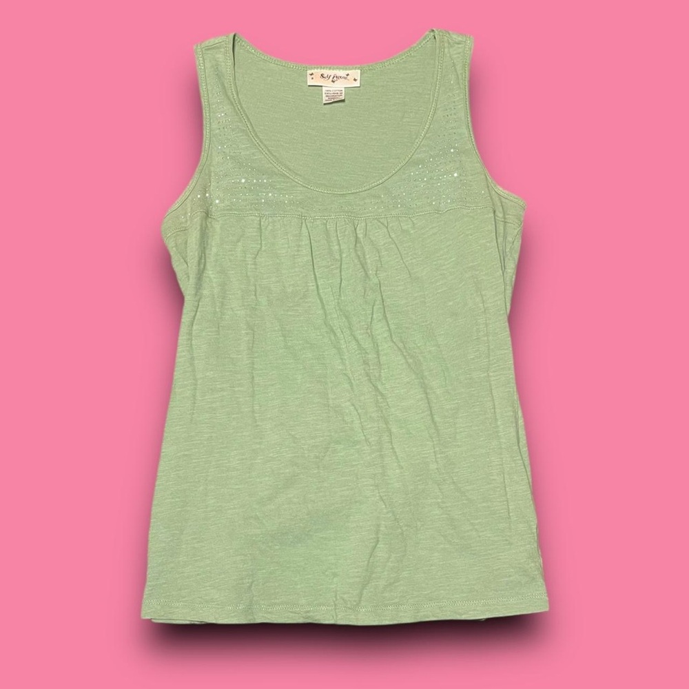 Y2K Green Cotton Rhinestone Tank Top Self Esteem Size Large Fairycore Downtown